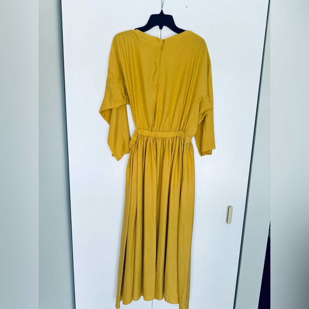Gorgeous Asymmetrical shoulder & sleeves cut out waist flare midi dress mustard